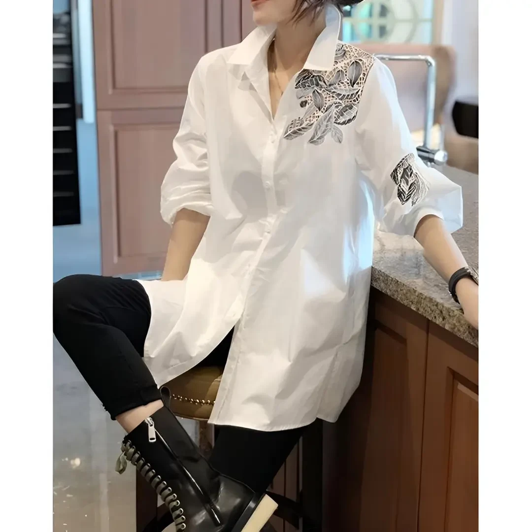 A018白色立领衬衫女韩版宽松大码中长款衬衣春季2025年新款货欧洲