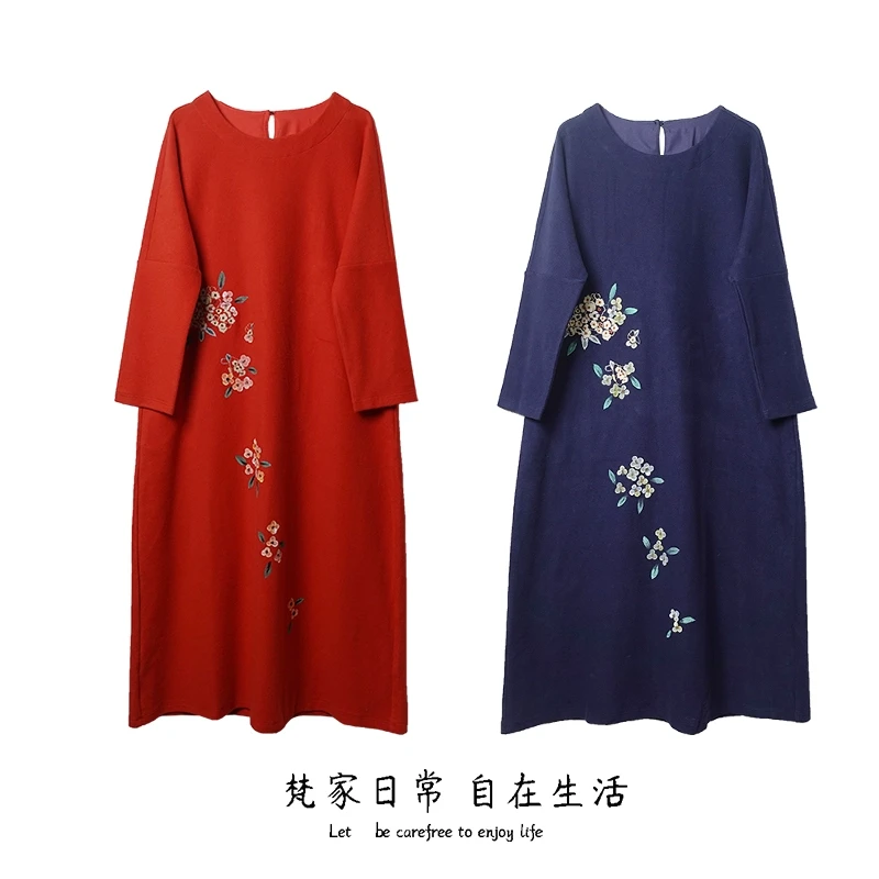 红运 梵家日常原创手绘2025年春秋款女装新品宽松舒适长袖连衣裙