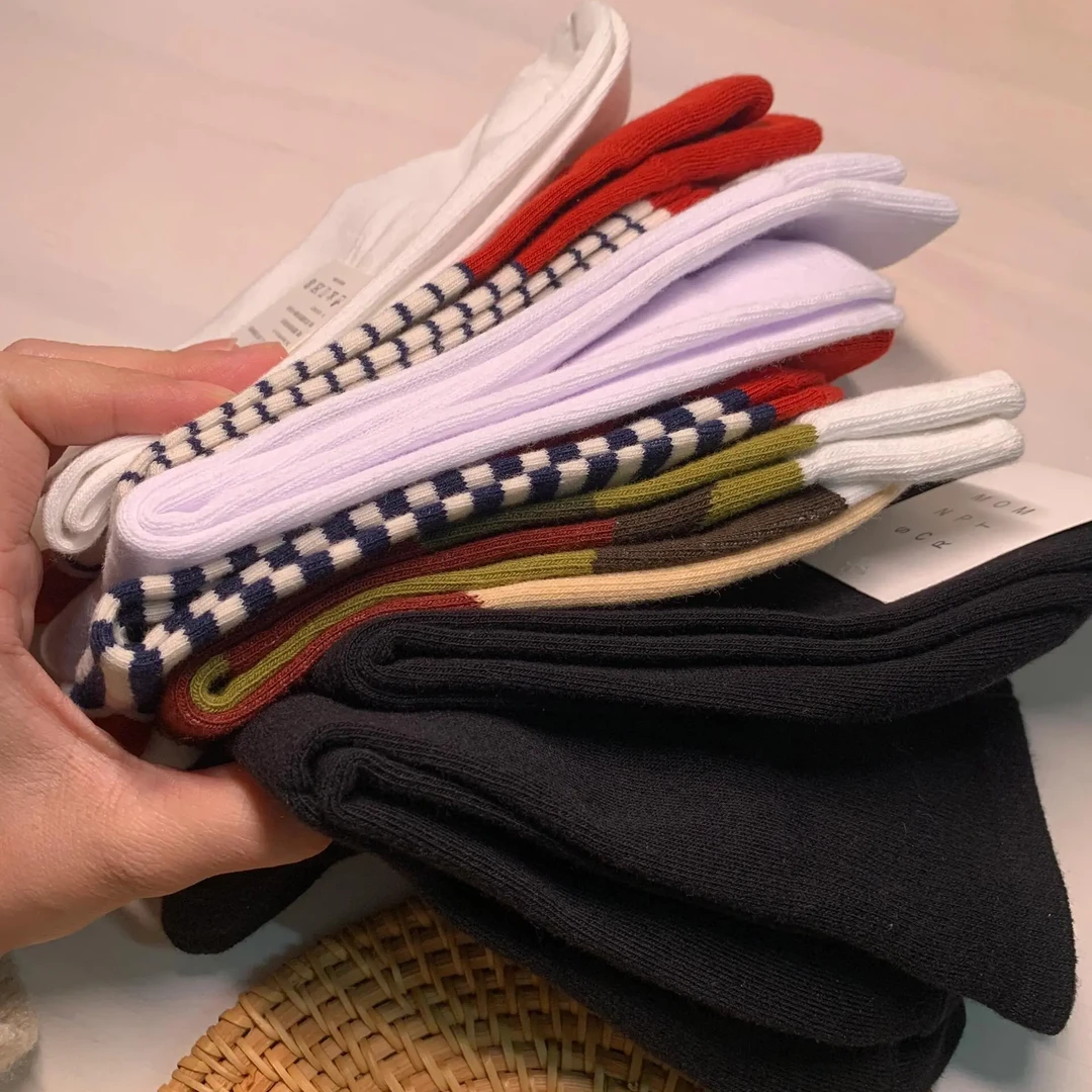 美拉德色系条纹中筒女袜纯棉拼接日系复古休闲学生秋冬保暖袜子