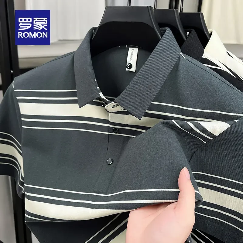 罗蒙夏季短袖T恤男士潮流翻领t恤时尚休闲上衣薄款条纹半袖Polo衫