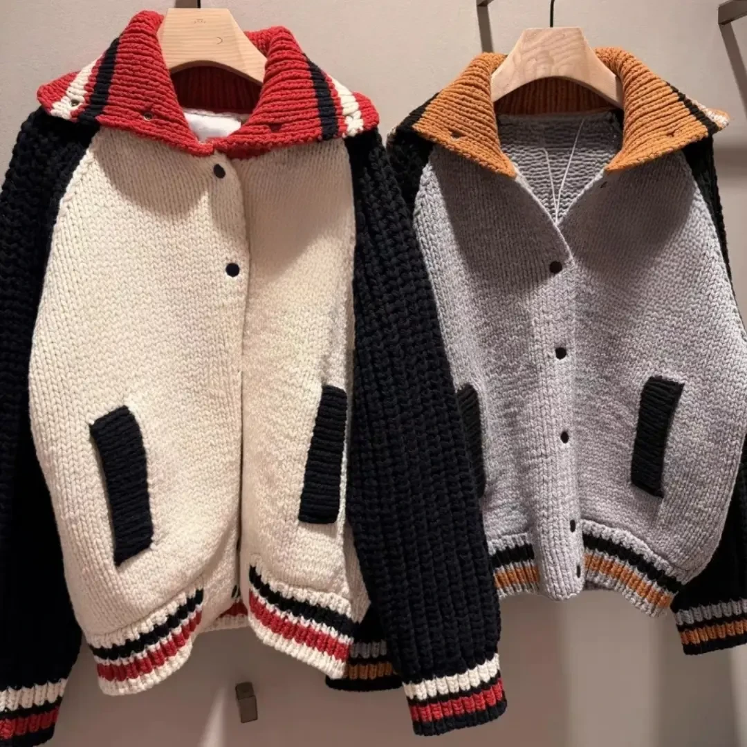 【土星撞色拼接】秋季高级感翻领宽松百搭复古针织开衫外套女上衣