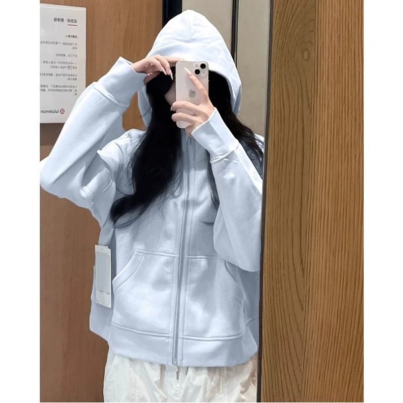 正肩短款连帽卫衣外套2025秋季爆款小个子穿搭少女卫衣拉链开衫