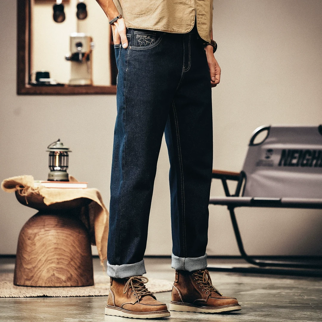 格蓝鹿高端美式复古丹宁牛仔裤男2025春季新款直筒水洗蓝色长裤子