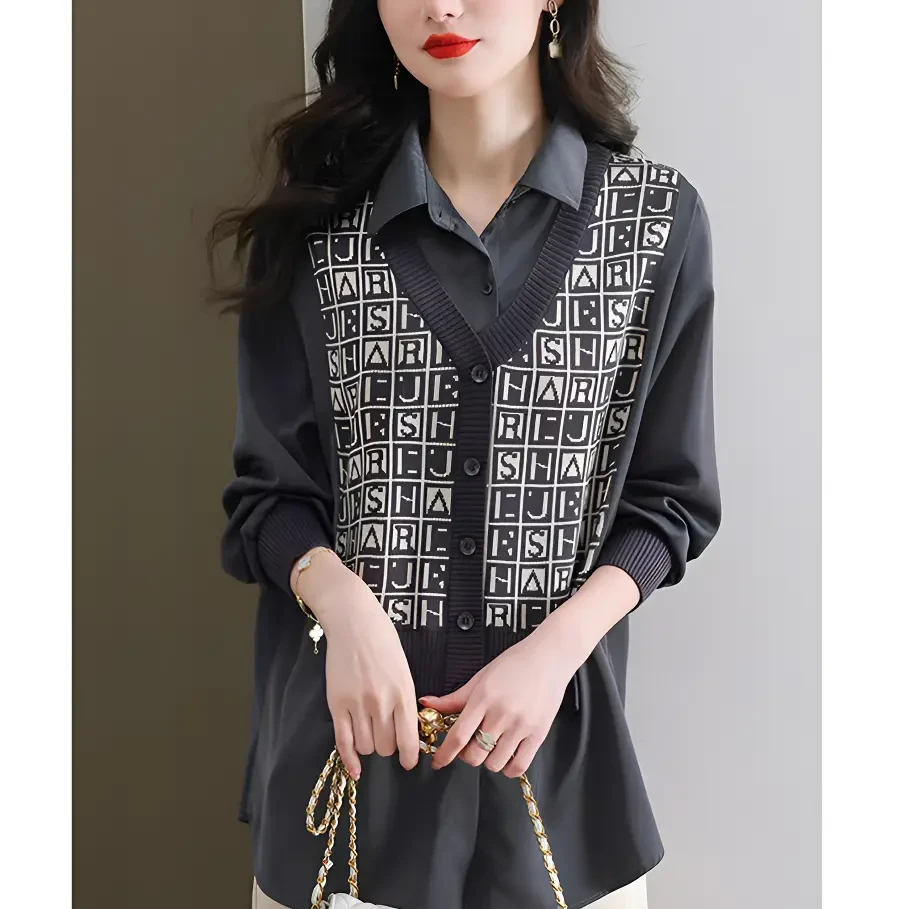 A121假两件针织上衣女衬衫秋新款拼接长袖衬衣