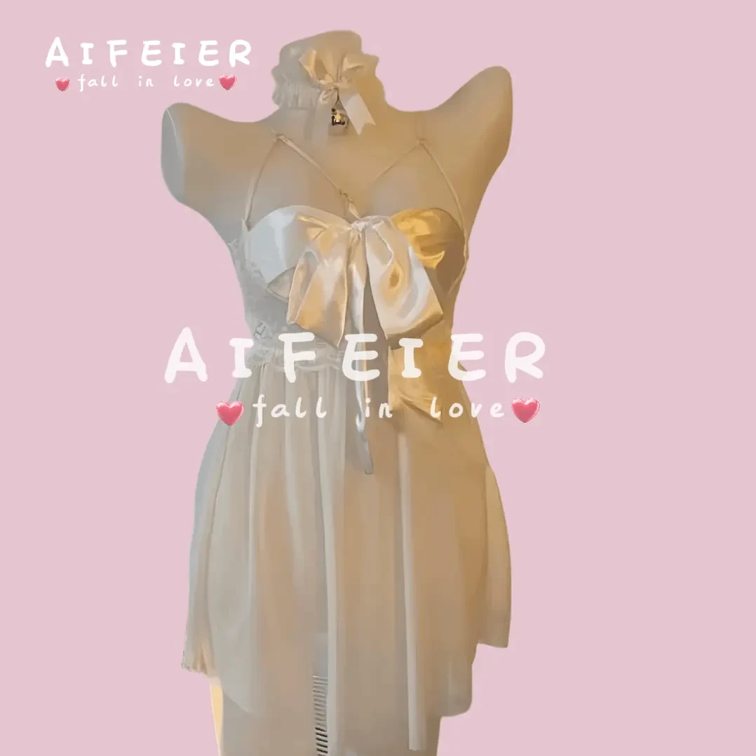 [解开蝴蝶结]80-180斤缎面系带睡裙蝴蝶结蕾丝吊约会情侣战服内衣