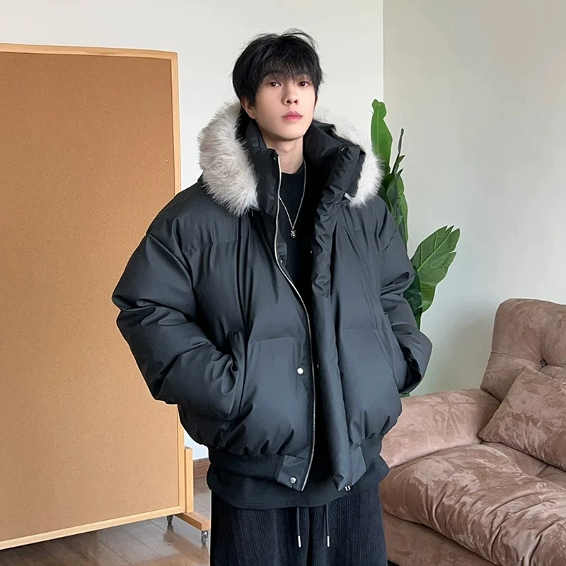 可脱卸帽毛领PU皮短款棉服男冬季保暖棉衣ins潮牌百搭情侣面包服