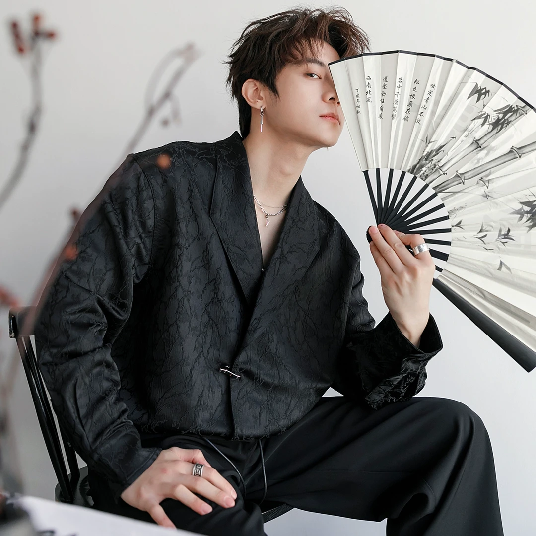 CHICERRO西西里男装春季新中式斜襟暗纹男士痞帅休闲复古长袖衬衫