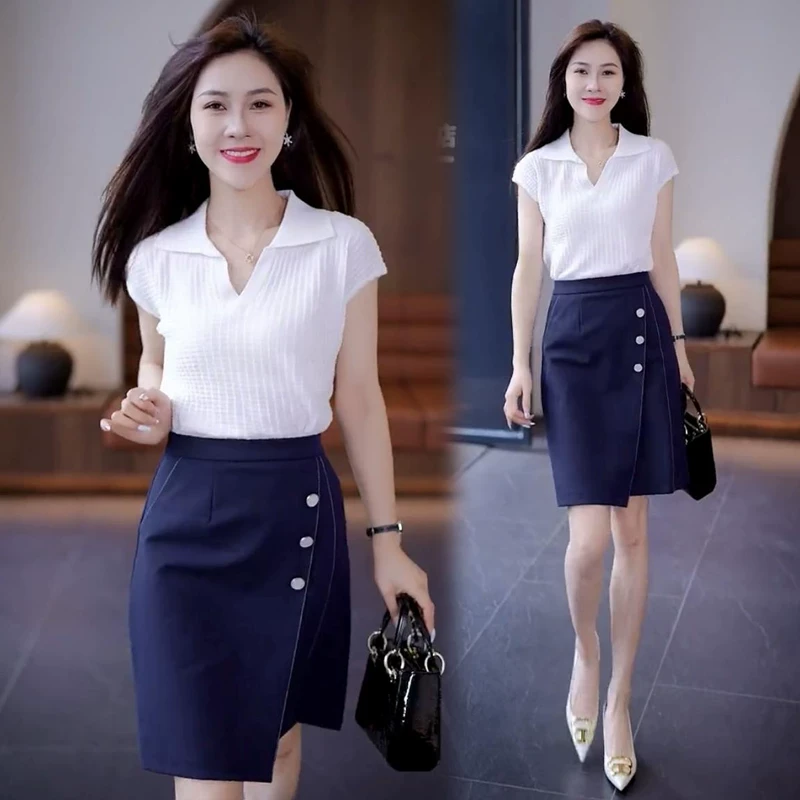 网红爆款连衣裙女夏显瘦短款小个子150穿搭套装显高短袖t恤半身裙