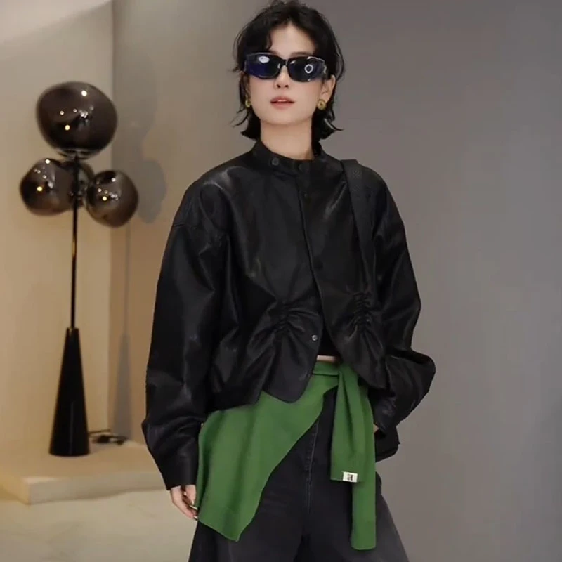 PU皮衣外套女2025秋季新款时尚百搭宽松显瘦褶皱短款单排扣皮夹克