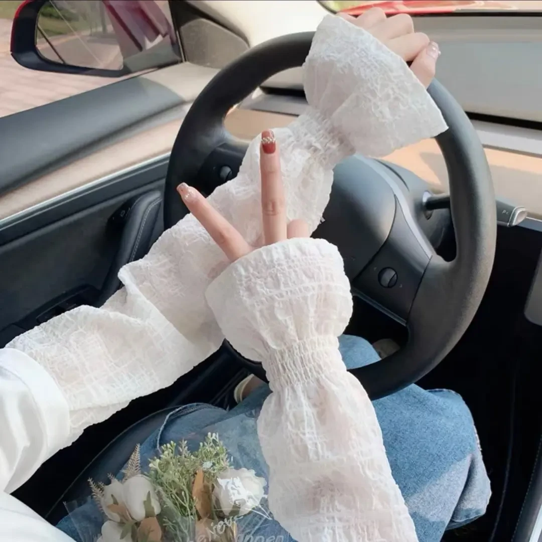 仙女褶皱泡泡袖冰丝防晒袖套女夏季薄款冰袖户外开车骑行韩版宽松