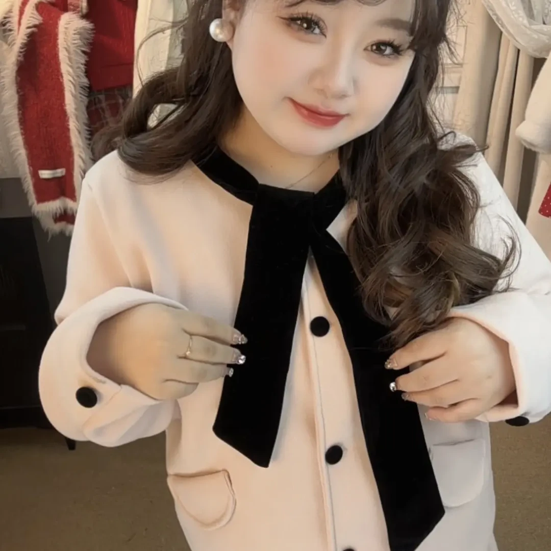 大码女装胖mm冬季新款小香风蝴蝶结毛呢大衣外套+花边半身裙套装
