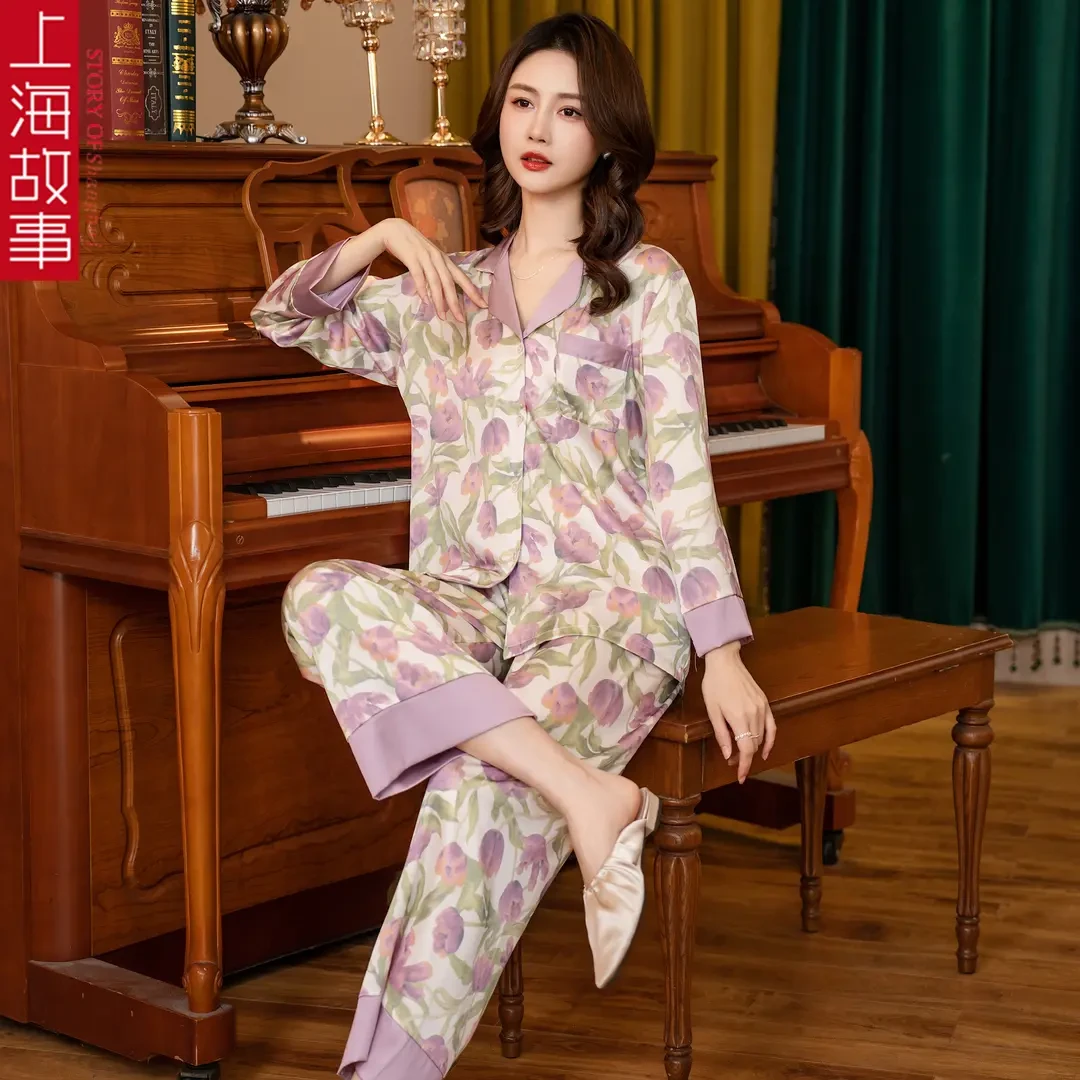 上海故事2025郁金香夏季薄款睡衣宽松短袖套装清凉印花女士家居服