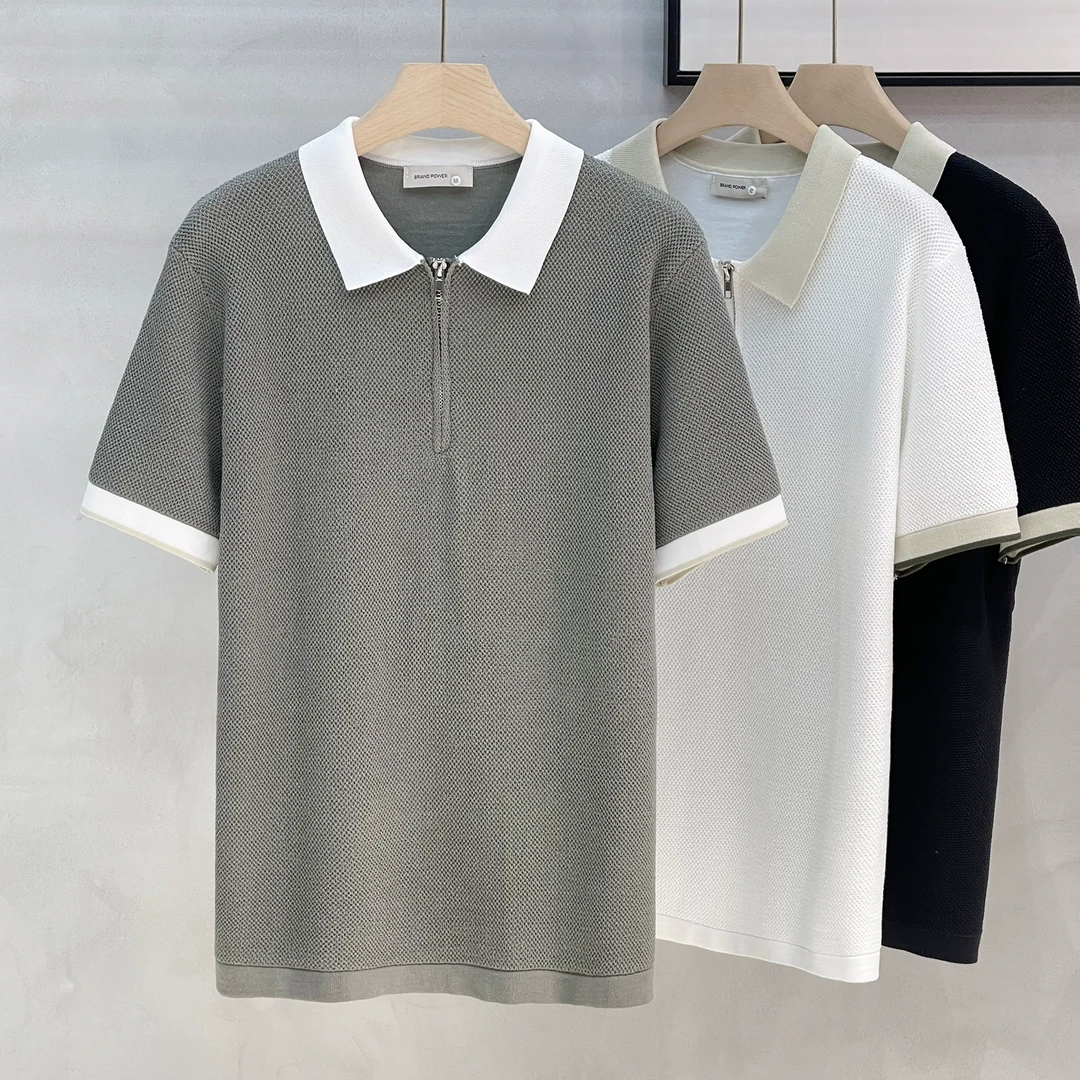 美式复古撞色领男士翻领T恤半拉链半袖POLO衫男装休闲短袖针织衫