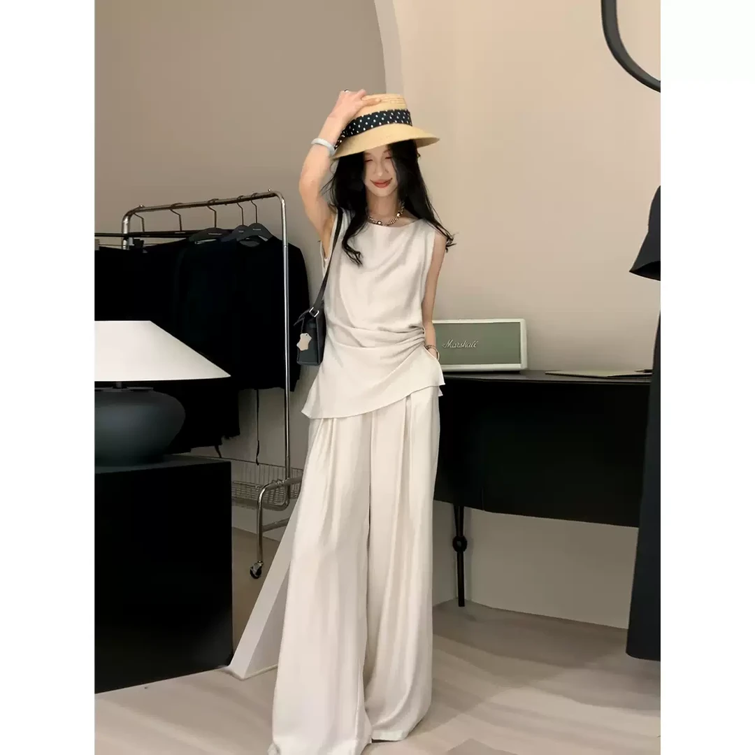 韩系夏季高级不规则无袖背心上衣女2025高腰减龄阔腿裤两件套ins