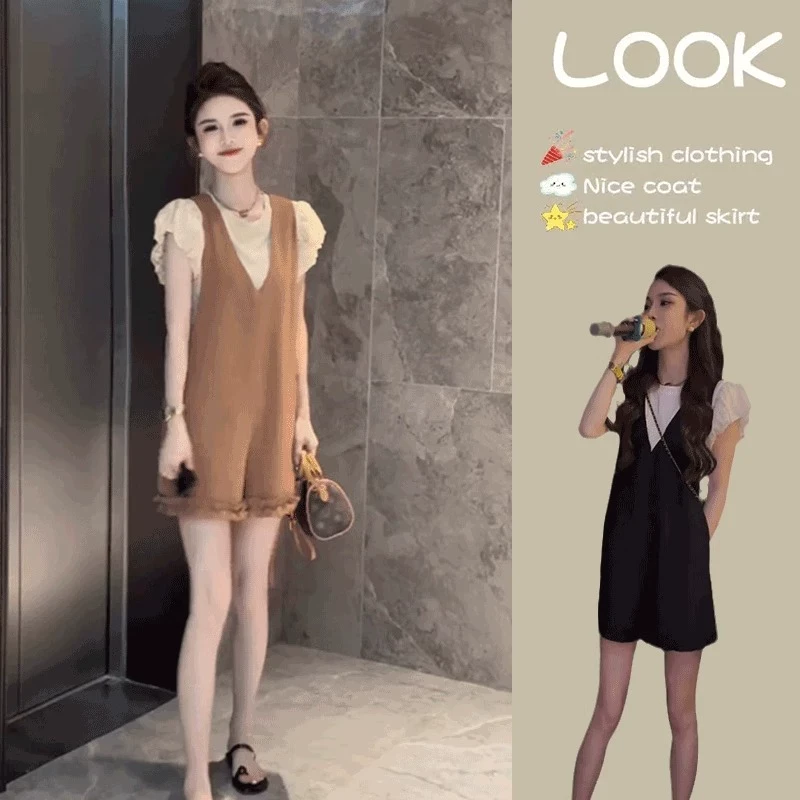 小个子穿搭一整套女装2025夏季新款花苞袖衬衫背带连体短裤两件套