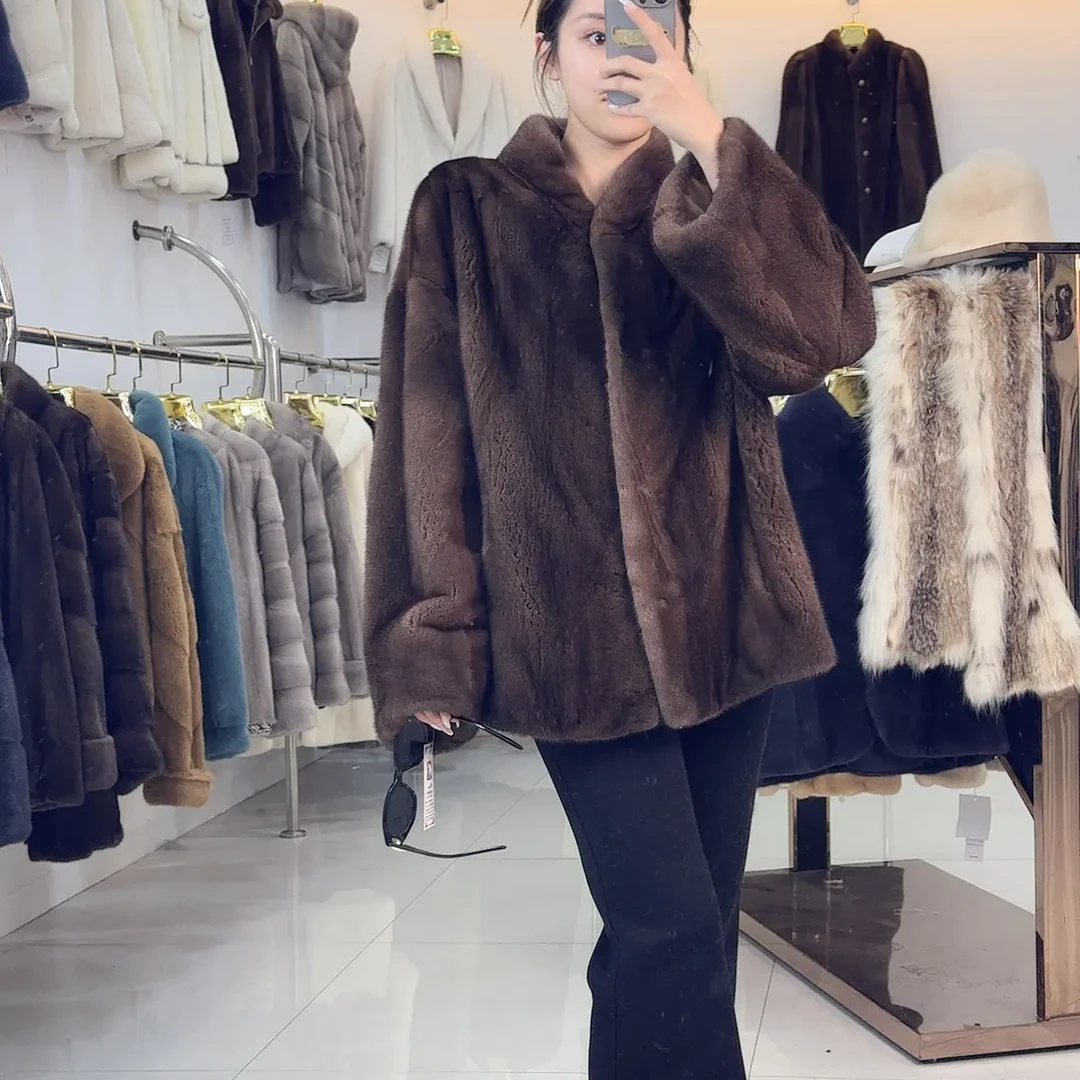 咖啡色刀领65cm整皮水貂天鹅绒水貂外套女冬季轻奢时尚气质休闲