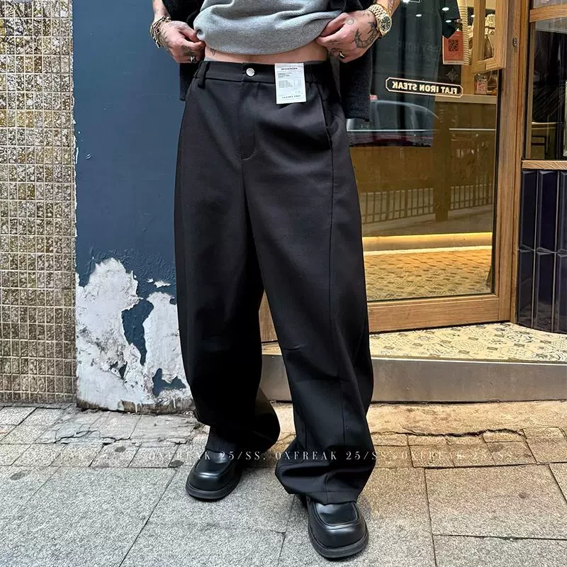 OXFREAK 「标签设计 英伦绅士」黑色休闲裤男宽松廓形弯刀西装裤