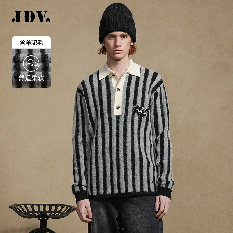 JDV2024秋季商场同款灰色条纹翻领毛衣长袖针织衫上衣WOT4205