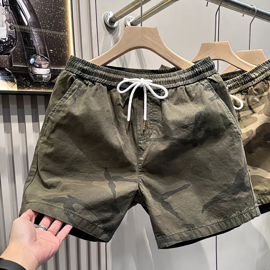 夏季休闲34分迷彩短裤弹力松紧腰中裤男士宽松三分四分潮流裤子