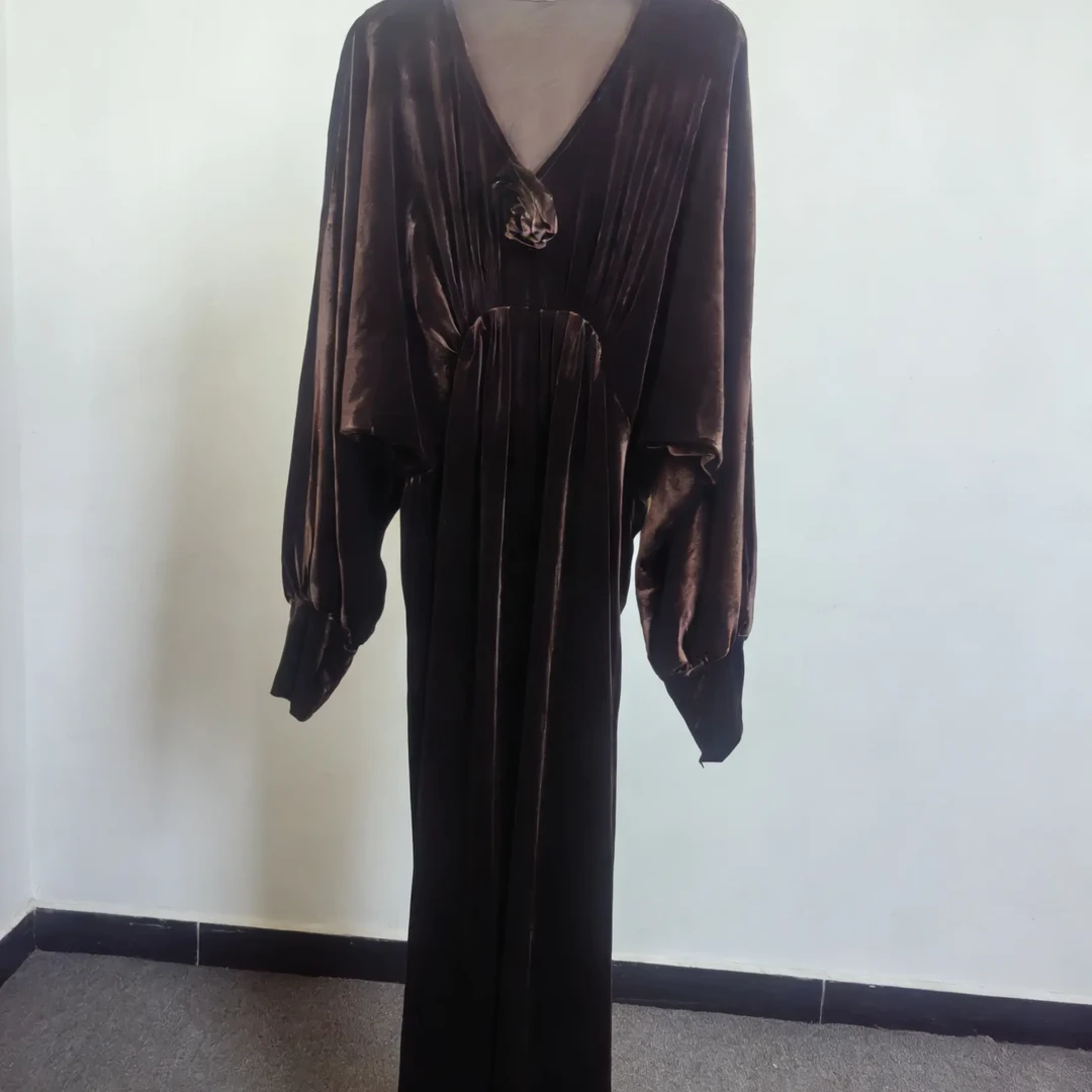 丝绒琥珀焦糖色轻奢名媛优雅连衣裙#2038