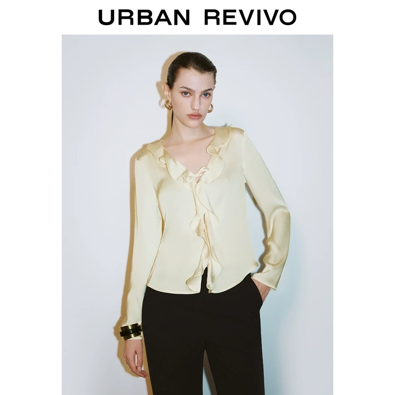 UR2025春季新款女欧若风复古通勤荷叶边长袖开襟衬衫UWM250006