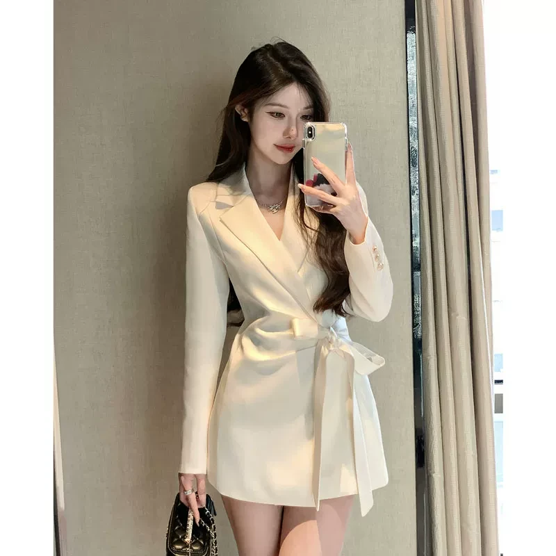 2025春秋新款法式气质名媛收腰绑带缎面西装外套女高级感休闲西服