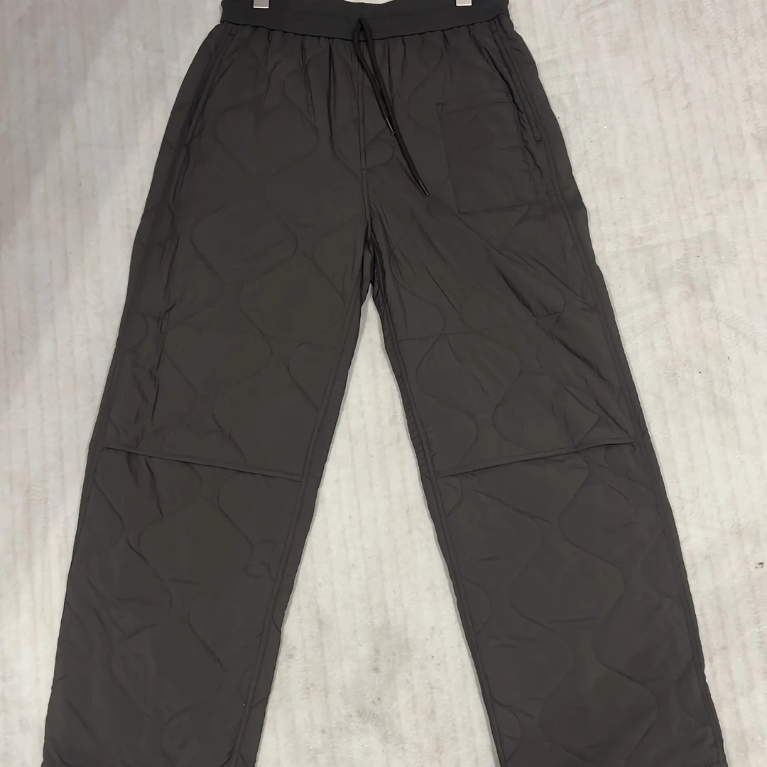 时尚百搭松紧腰拼接菱形格厚款直筒水洗丝棉裤休闲防水长裤