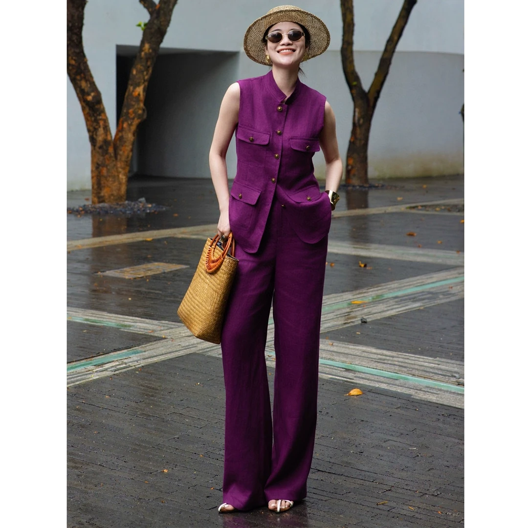 休闲时尚马甲阔腿裤套装高级感穿搭一整套设计感纯亚麻上衣裤子夏