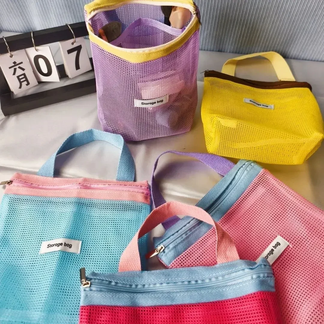 新款夏日撞色网纱化妆包多巴胺手提收纳包外出便携洗漱包小众百搭