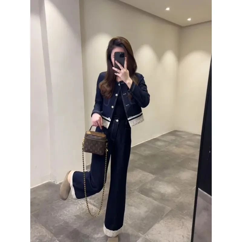 设计师款 气质蕾丝边牛仔套装两件套洋气时尚显瘦套装两件套