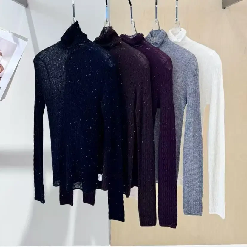 3105爆款新款洋气超细水溶羊毛亮片堆堆领弹力打底上衣