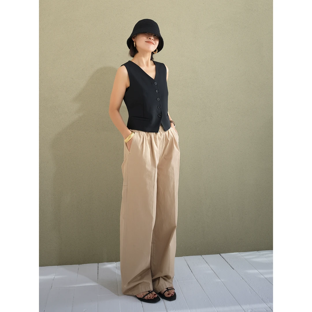 UPINLOOK经典卡其色休闲裤高支高密长绒棉~女宽管直筒长裤子EA401