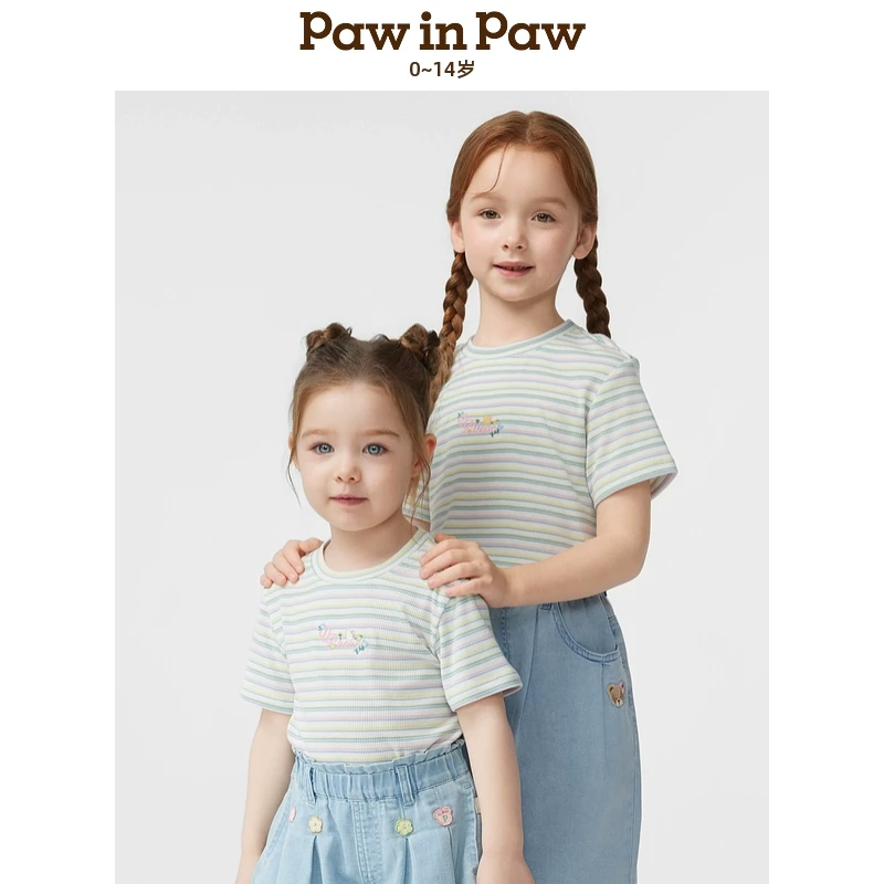 童装25年春季新款女童女宝圆领条纹短袖夏季宽松T恤PCRAF2351E