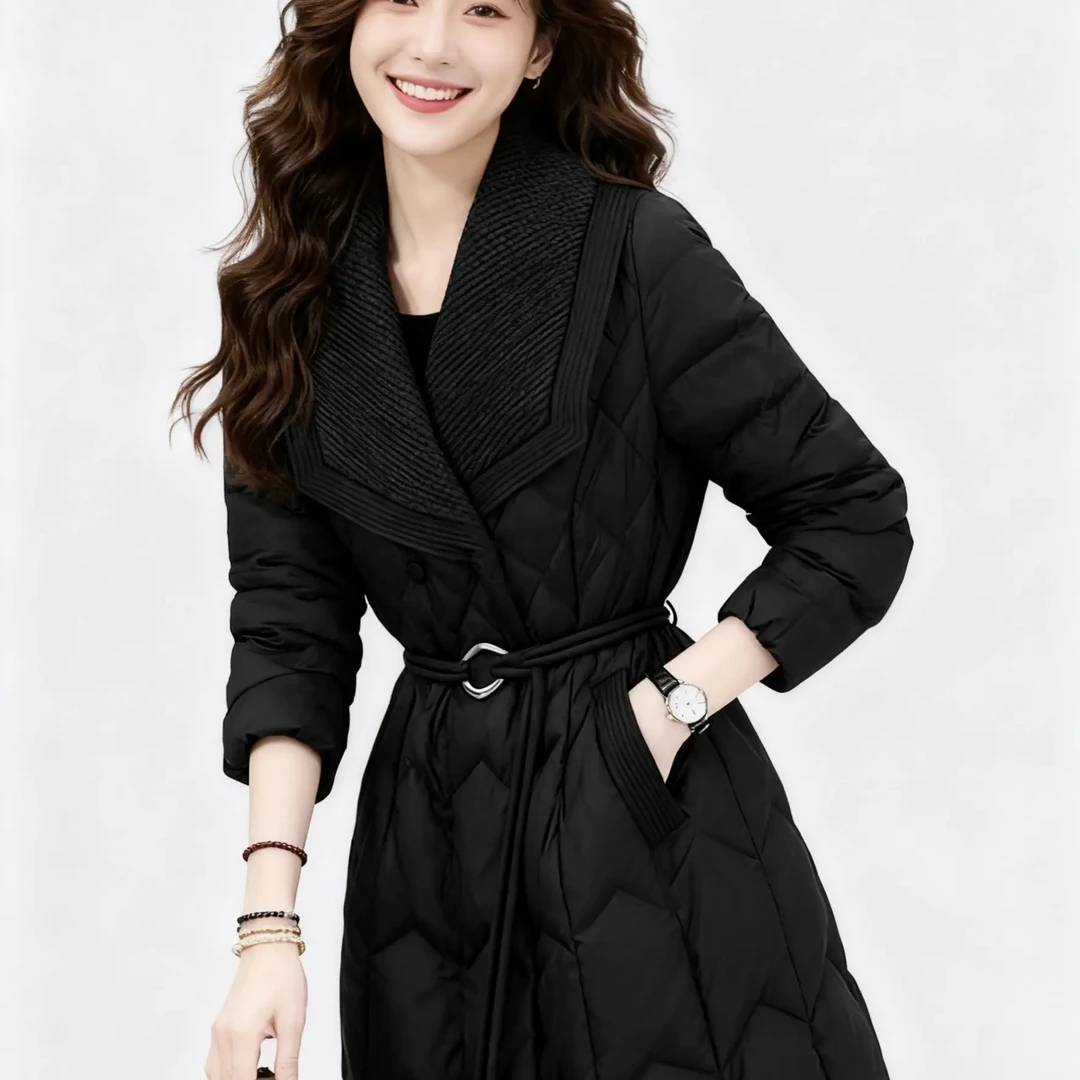 冬季新款加厚保暖女士收腰系带中长款时尚女人味西装领羽绒服外套