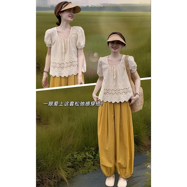 2025年夏装一整套遮肉方领短袖上衣休闲灯笼裤今年流行漂亮套装女