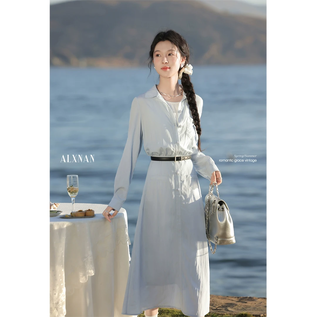 鹿向南「粉丝福利」 法式春季浅蓝色连衣裙L53128