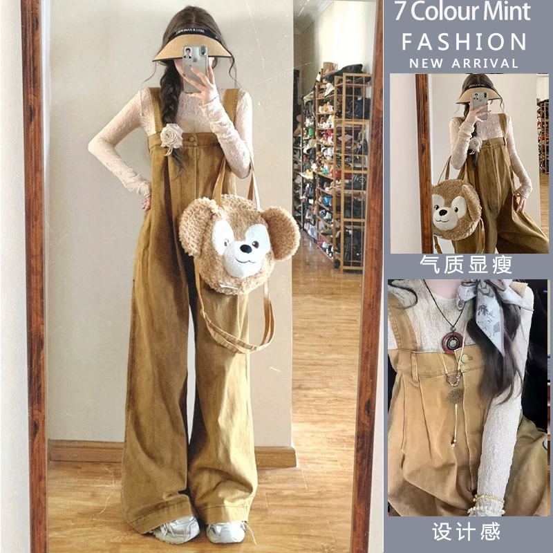 时尚孕妈早春秋新款背带牛仔裤显瘦蕾丝打底衫宽松阔腿裤两件套装