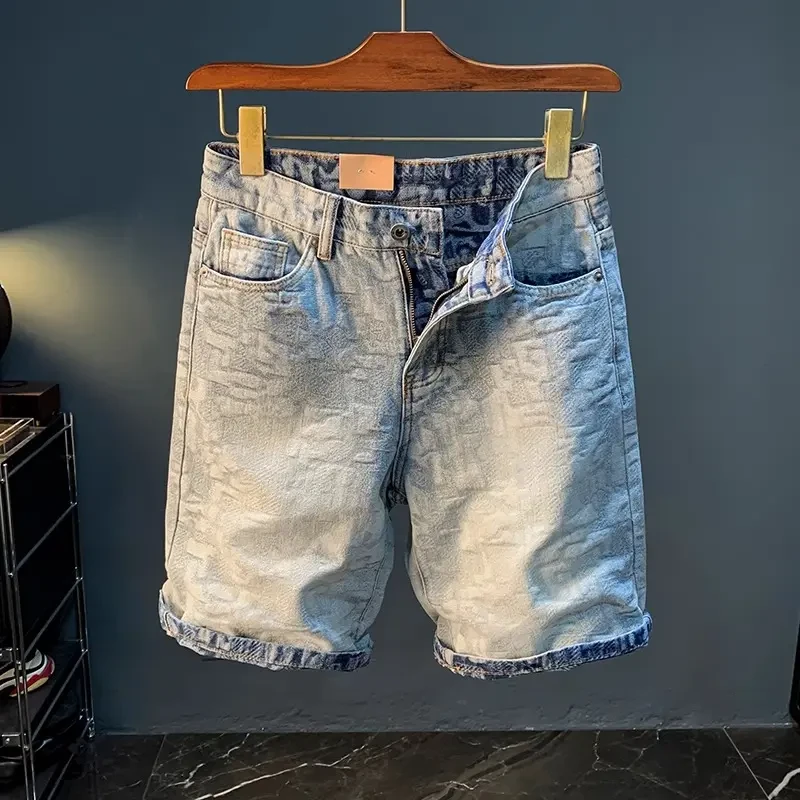 Cebrodz夏牛仔短裤男薄款肌理感织印五分休闲裤100全棉