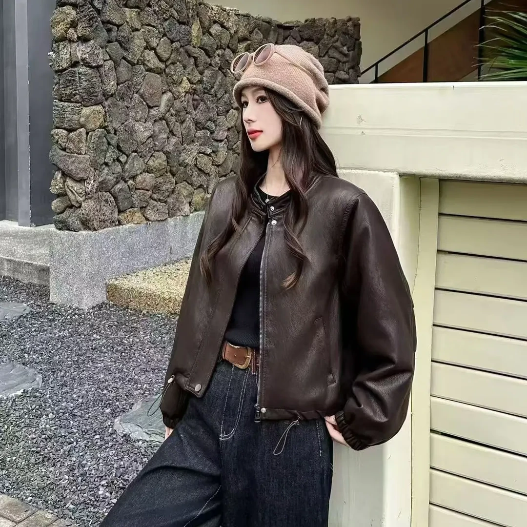 圆领加绒皮衣外套