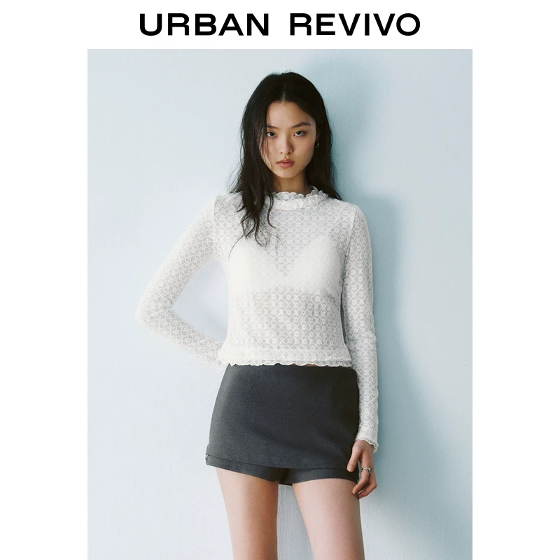 UR2025春季新品女装欧若风芭蕾风木耳边透视蕾丝长袖T恤UYU450023