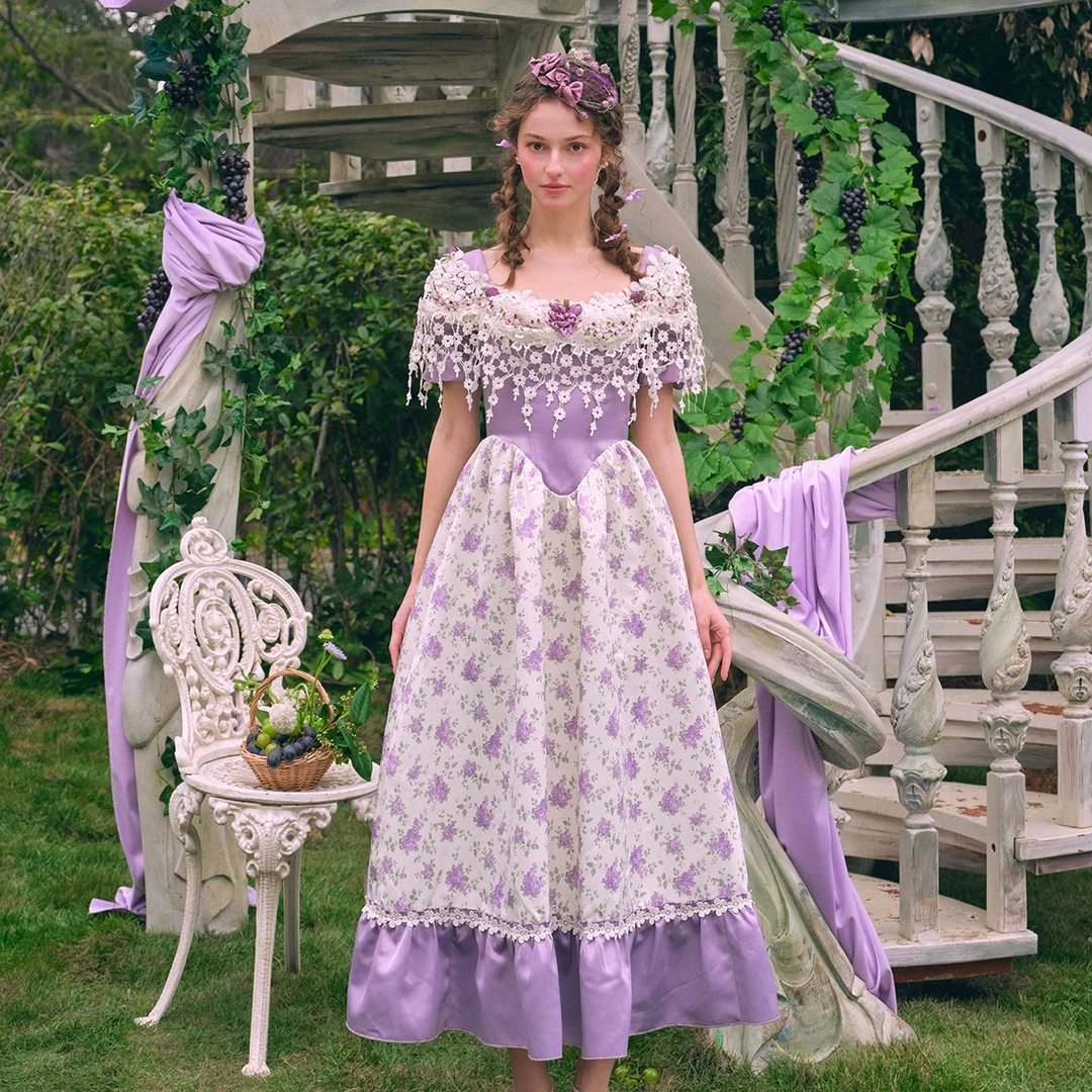 LaceMade 紫提花藤 法式田园仙女风紫色印花重工鱼骨连衣裙公主裙