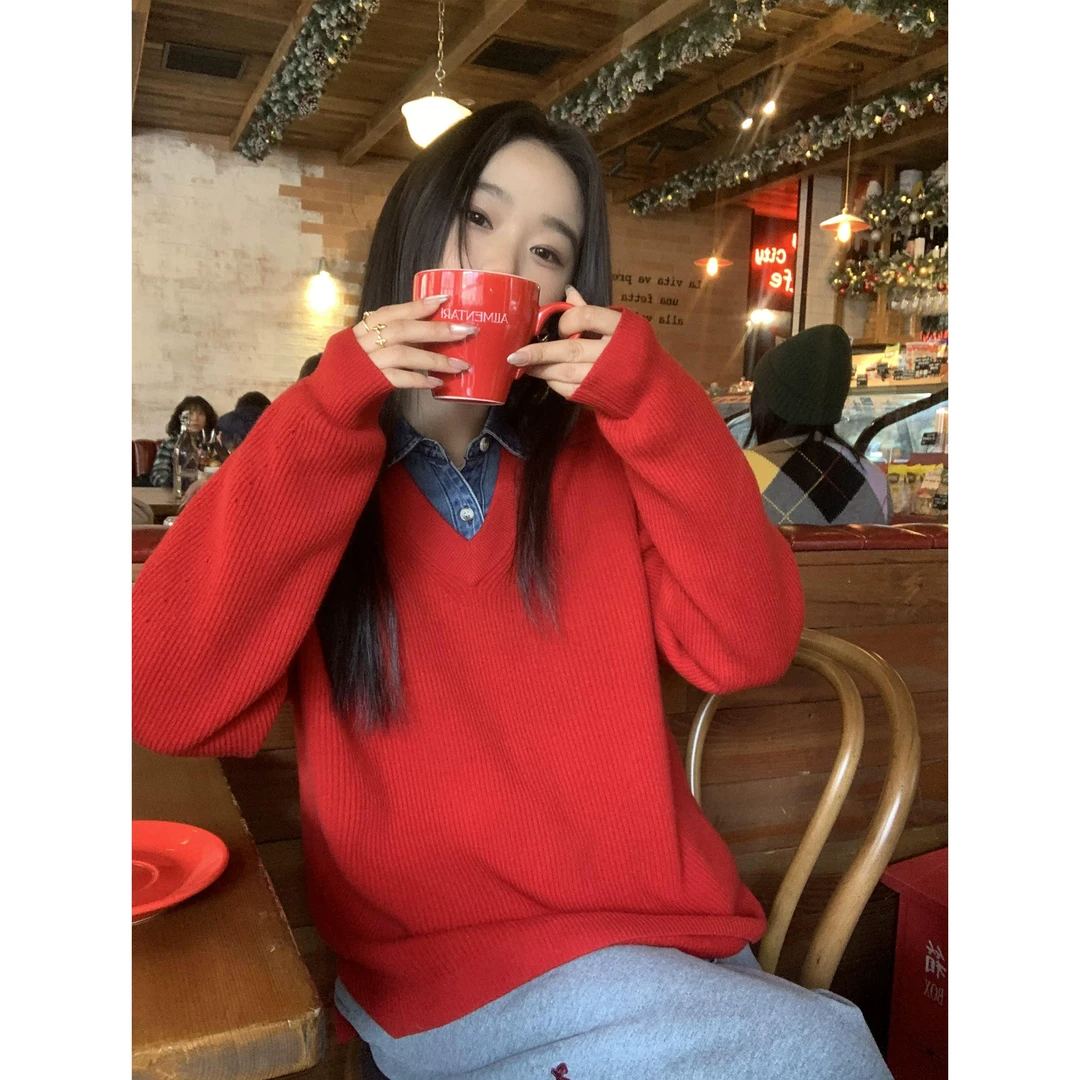 pusumede黑色100%羊毛套头v领毛衣女新款宽松休闲慵懒风针织上衣