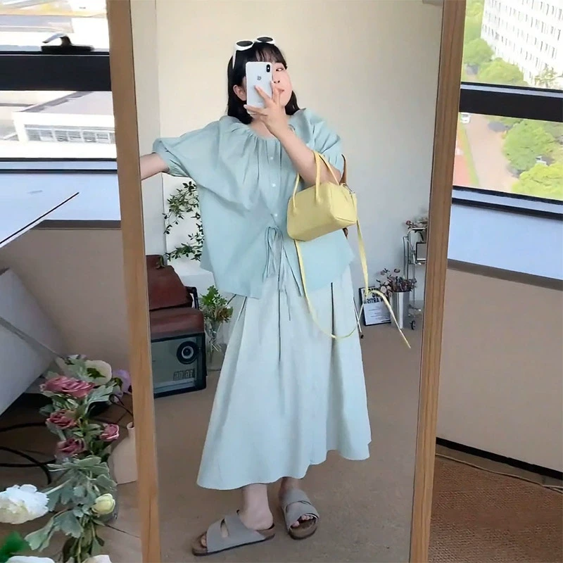 大码胖mm韩系泡泡袖衬衫系带上衣高腰休闲减龄半身裙遮肉显瘦套装