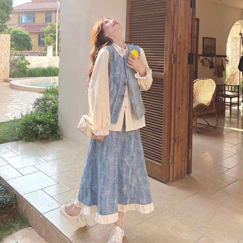 扎染水洗牛仔套装裙女2025春秋新款森系复古文艺范马甲衬衫半身裙