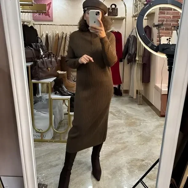 高端女士秋冬加厚宽松中长款针织连衣裙