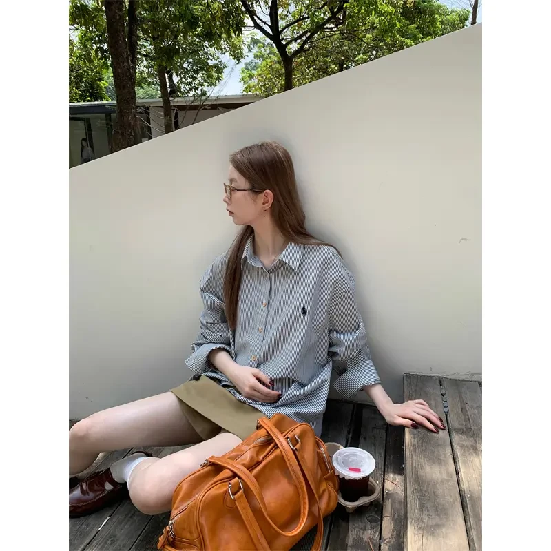 亚麻衬衫女上衣薄款防晒外套夏季天纯棉开衫外搭宽松长袖条纹衬衣