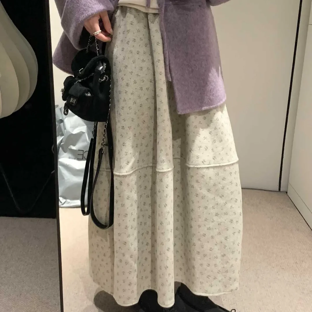 加厚毛呢！韩系碎花高腰显瘦a字花苞裙女秋冬百搭气质半身长裙