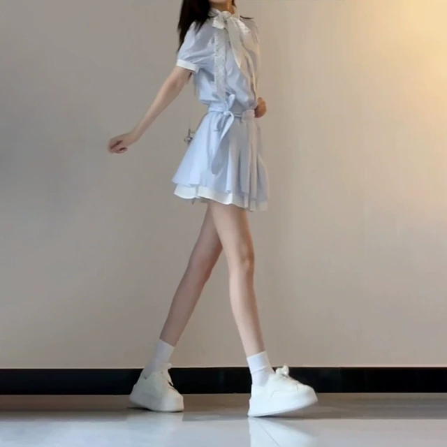 法式学院风蓝色条纹衬衫连衣裙子女夏季2025新款爆款收腰a字短裙