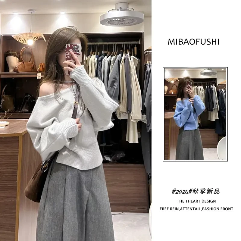 【现货】2025年秋新款女士不规则露肩设计长袖针织衫宽松随性休闲感