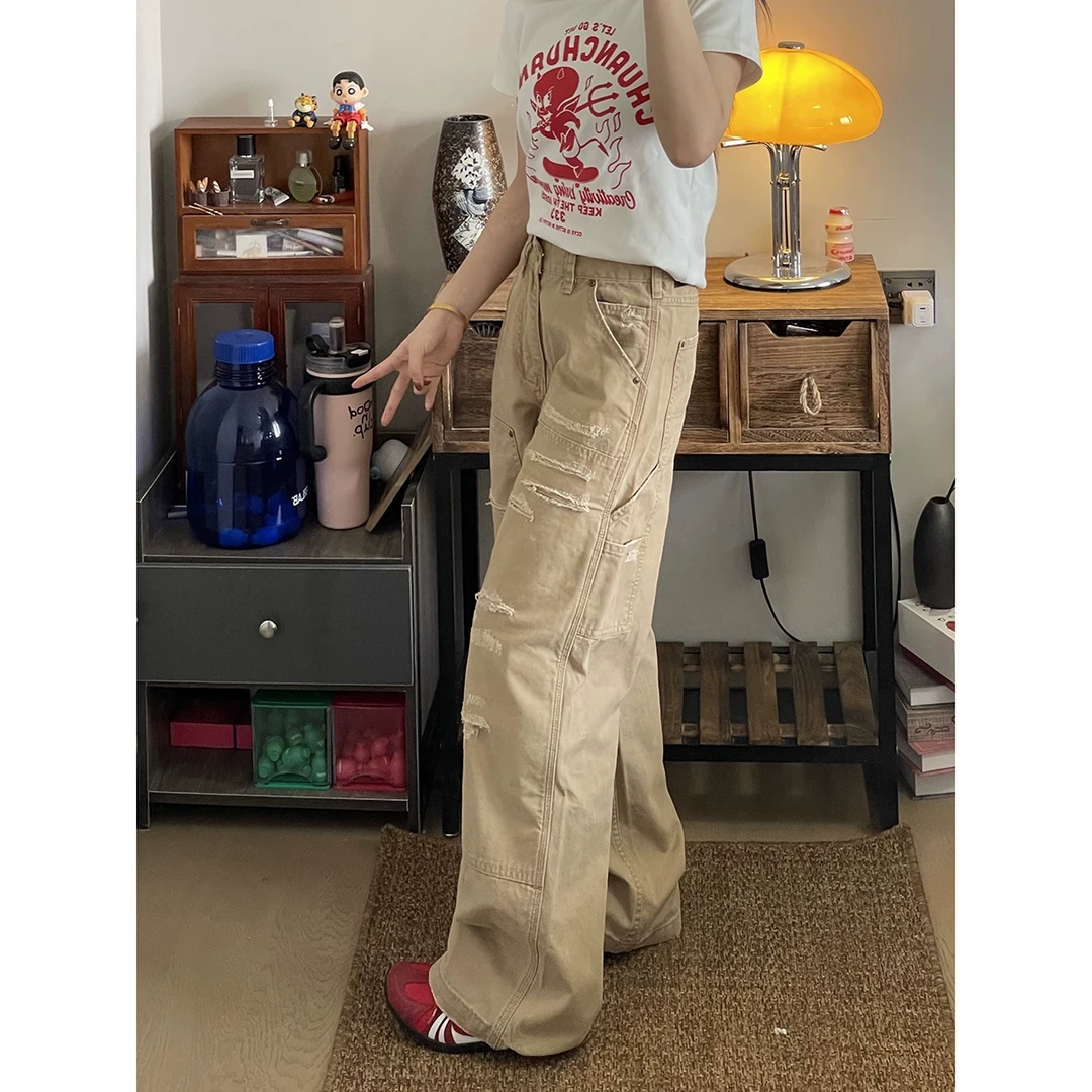 阿渔快跑美式复古磨破休闲直筒工装裤男女潮宽松百搭阔腿卡其长裤